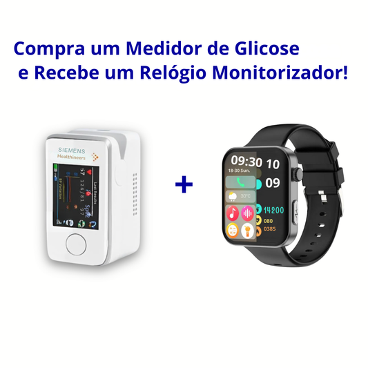KIT PROMOCIONAL: Medidor de Glicose no Sangue Siemens + Relógio Inteligente PulseMax com Medidor de Glicose, Frequência Cardíaca, Funções Telefónicas...