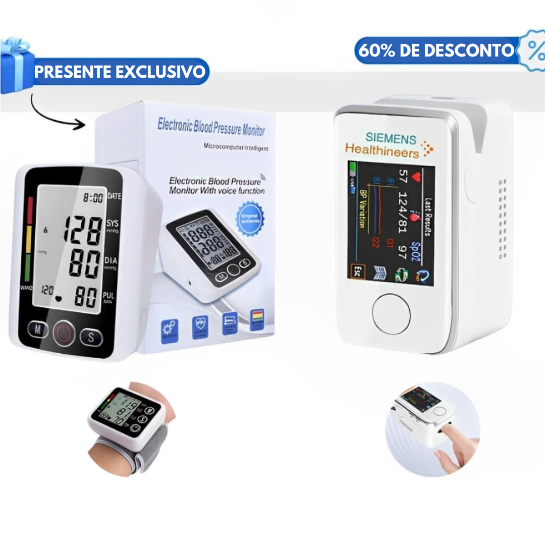 KIT PROMOCIONAL: Medidor de glicose no sangue multifuncional GlicoMax™+ Tensiómetro eletrónico - COMPRE 1 E RECEBA OUTRO GRÁTIS